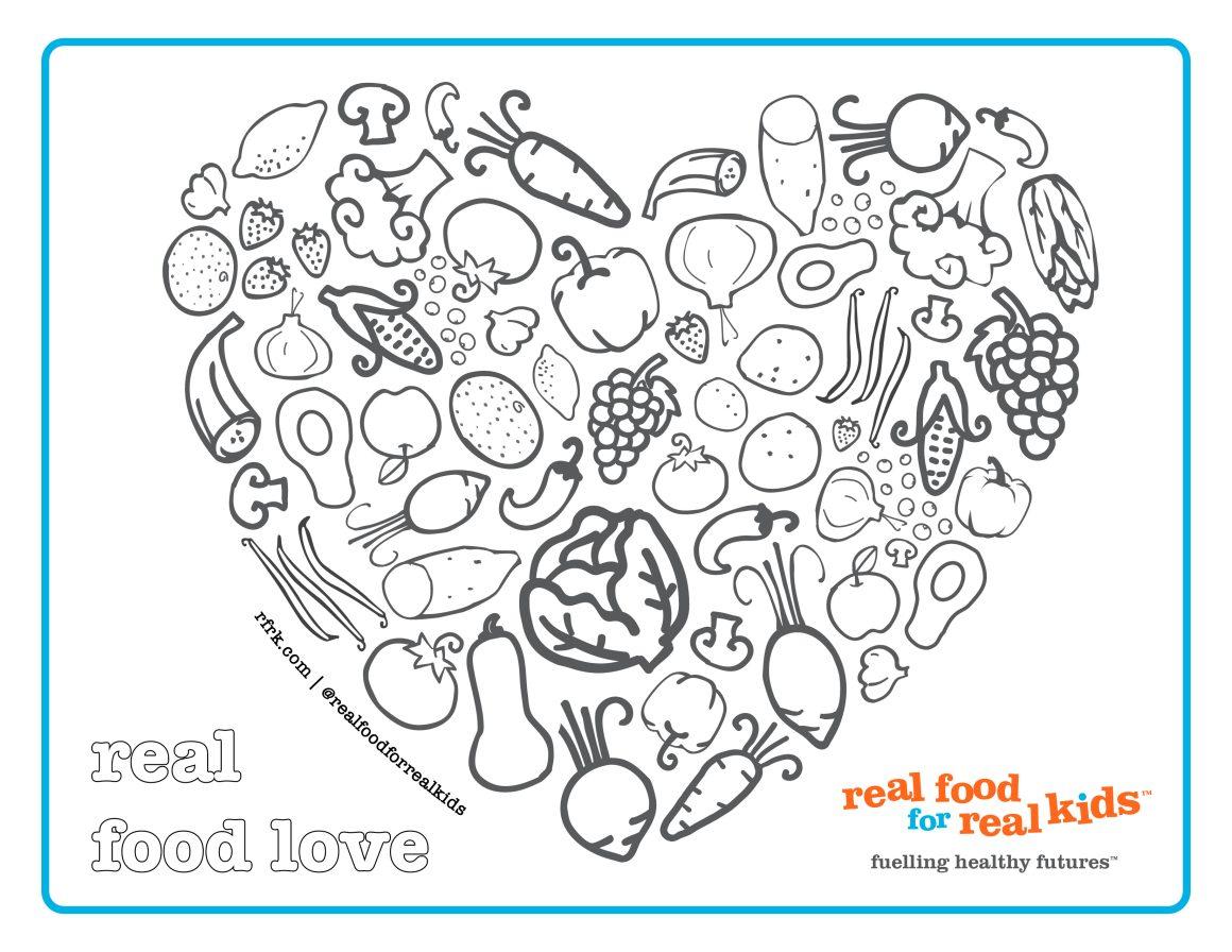 an activity colouring page for kids featuring a variety of fruits & vegetables arranged in a heart shape