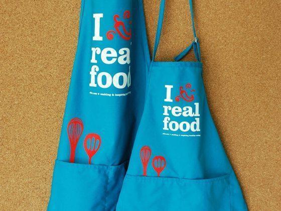 I heart REal Food blue aprons