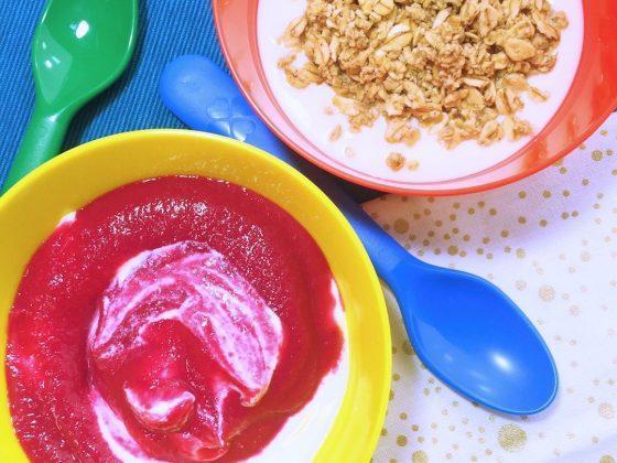 Real food for real kids yogurt granola fruit sauce snack in colourful bowls