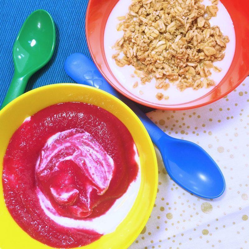 Real food for real kids yogurt granola fruit sauce snack in colourful bowls