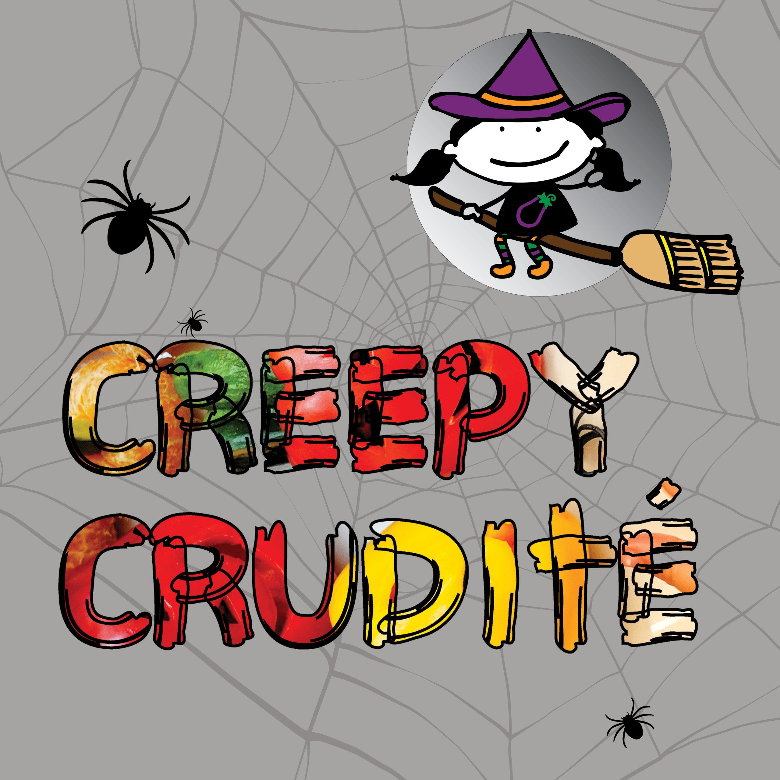 grey background with spider web and little girl witch
