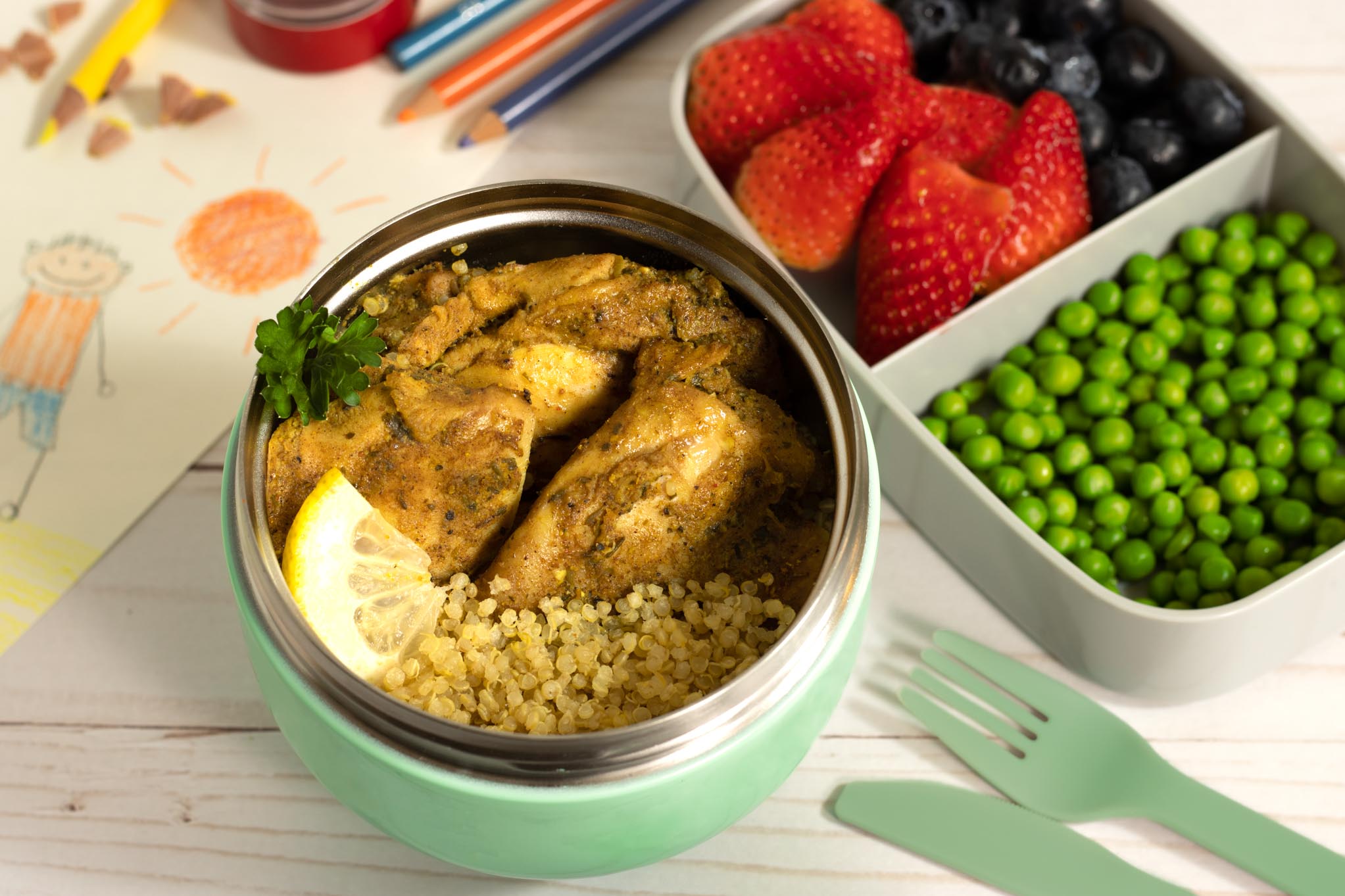 Madagascar chicken and quinoa magic pouch with peas and strawberries and blueberries