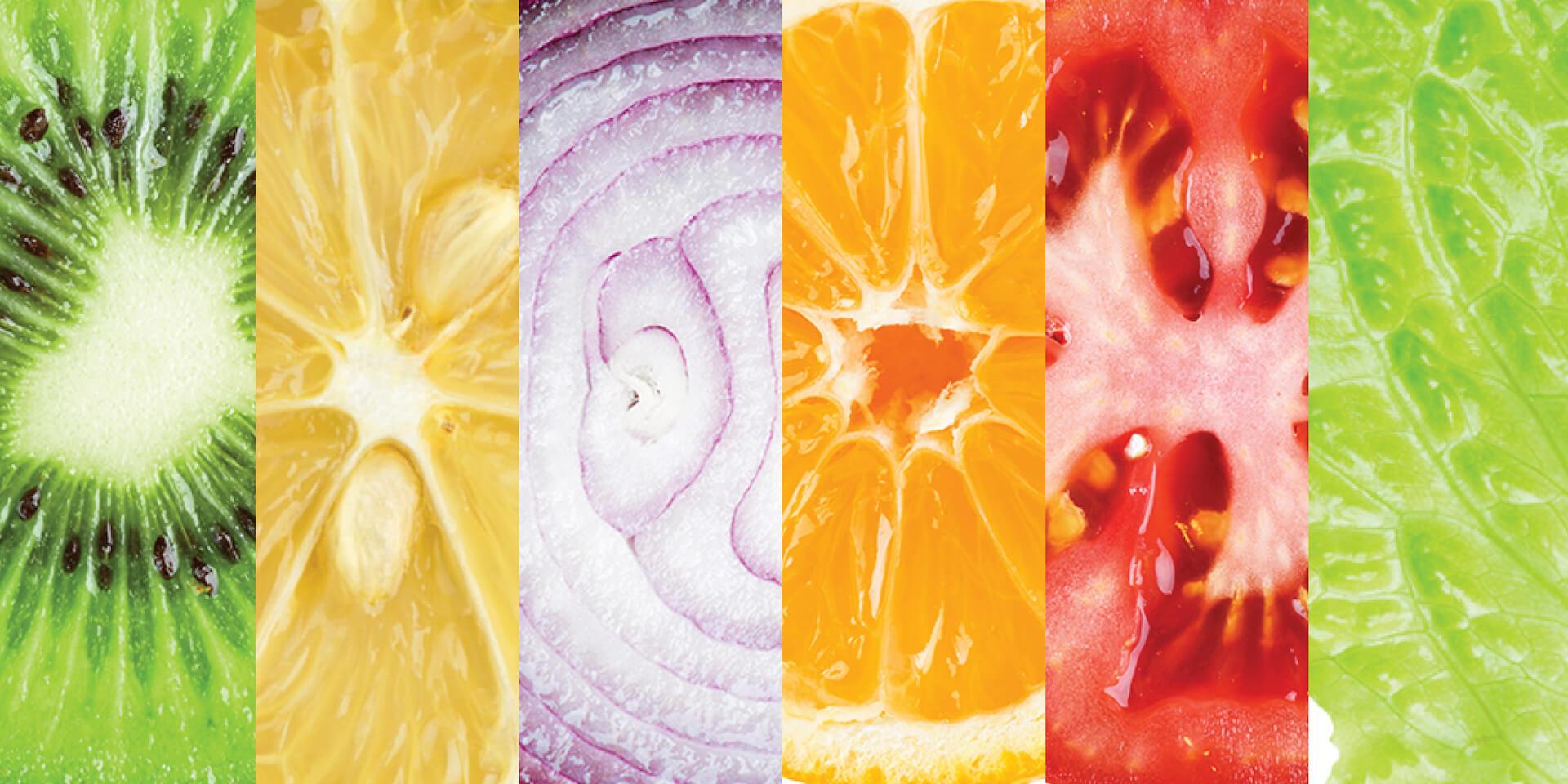 Access Monthly Menu Banner, close up of kiwi, lemon, onion, orange, tomato, lettuce