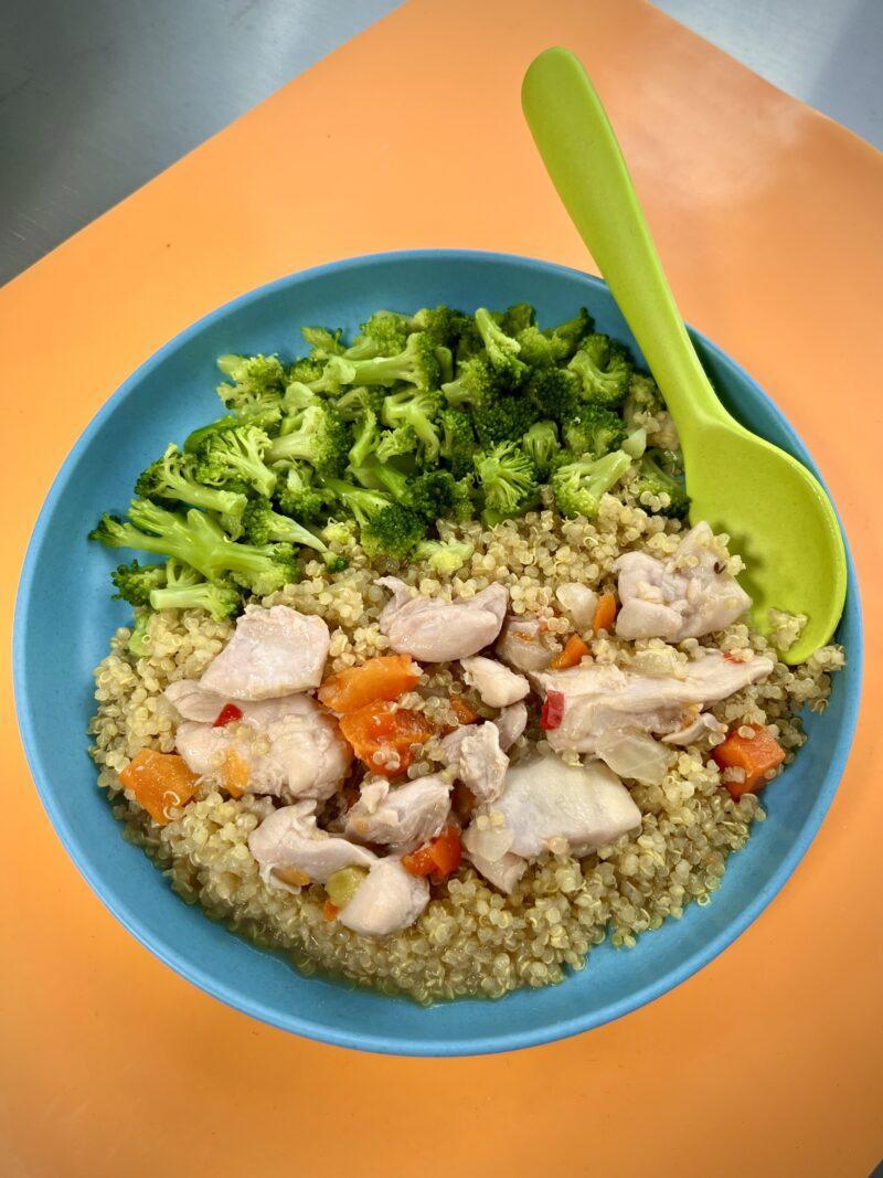 kids meal of organic chicken fricassee with quinoa and broccoli on a blue plate and orange mat and green spoon