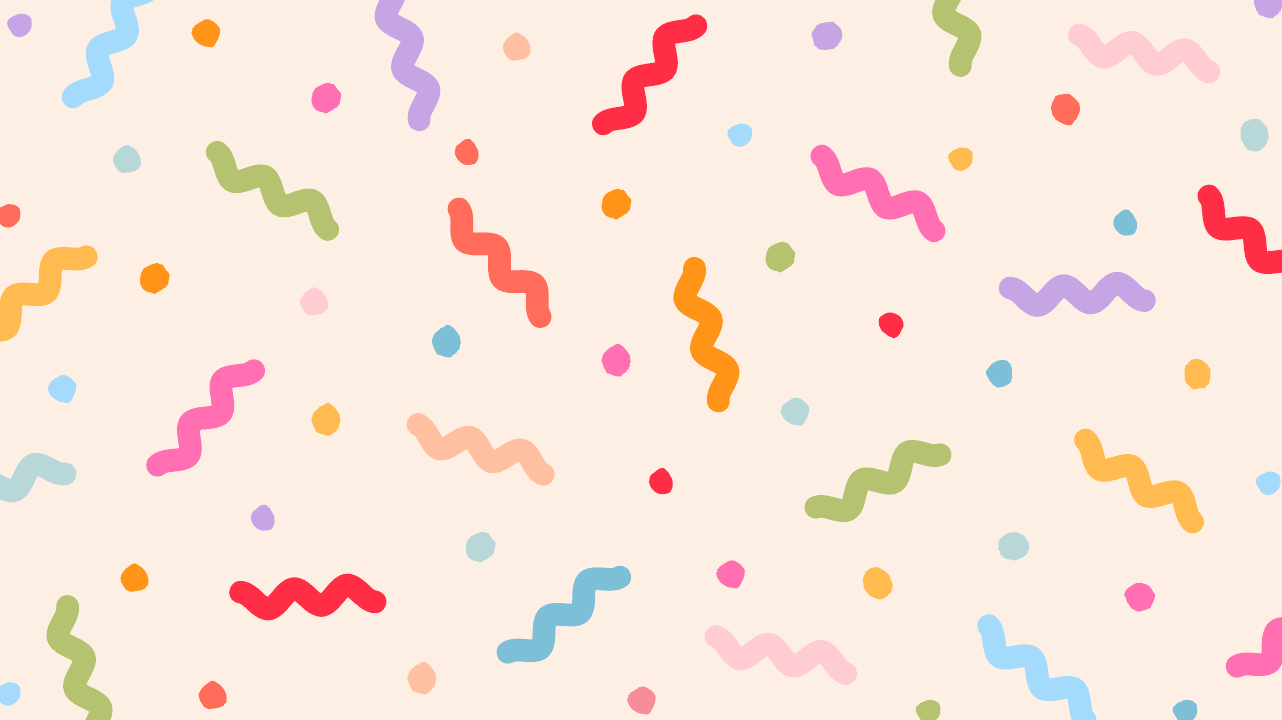 pale pink background with colourful squiggles and dots like party confetti
