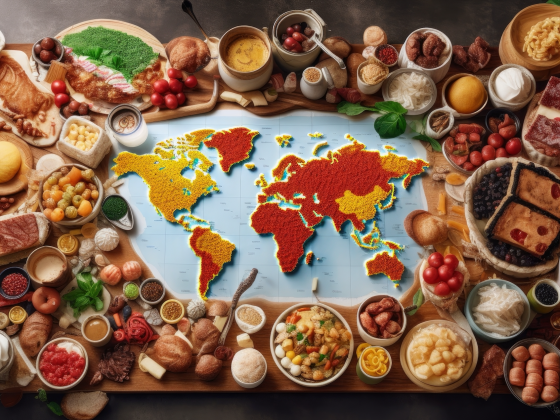 large table with world map in centre and international foods spread around