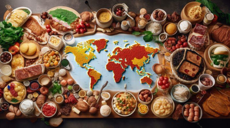a global table spread featuring various meals
