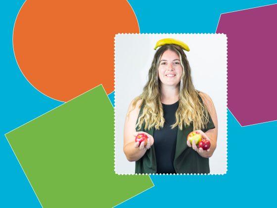 blue background with various coloured shapes and a rectangular frame featuring Hr Coordinator Casey Gillis posing with a banana on her head and her hands full of apples