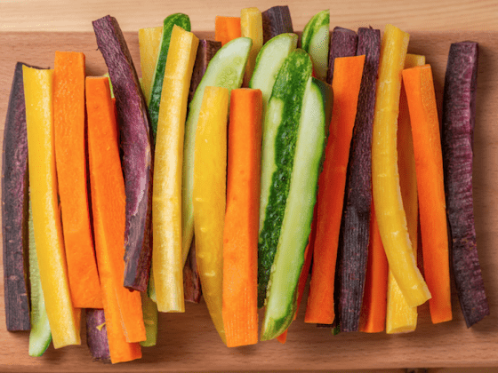 arrangement of julienne veggies including carrots, cucumbers, peppers and beets