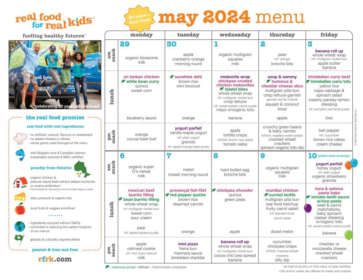 Most recent RFRK May 2024 lunch and snack menu with current colour scheme and calendar format