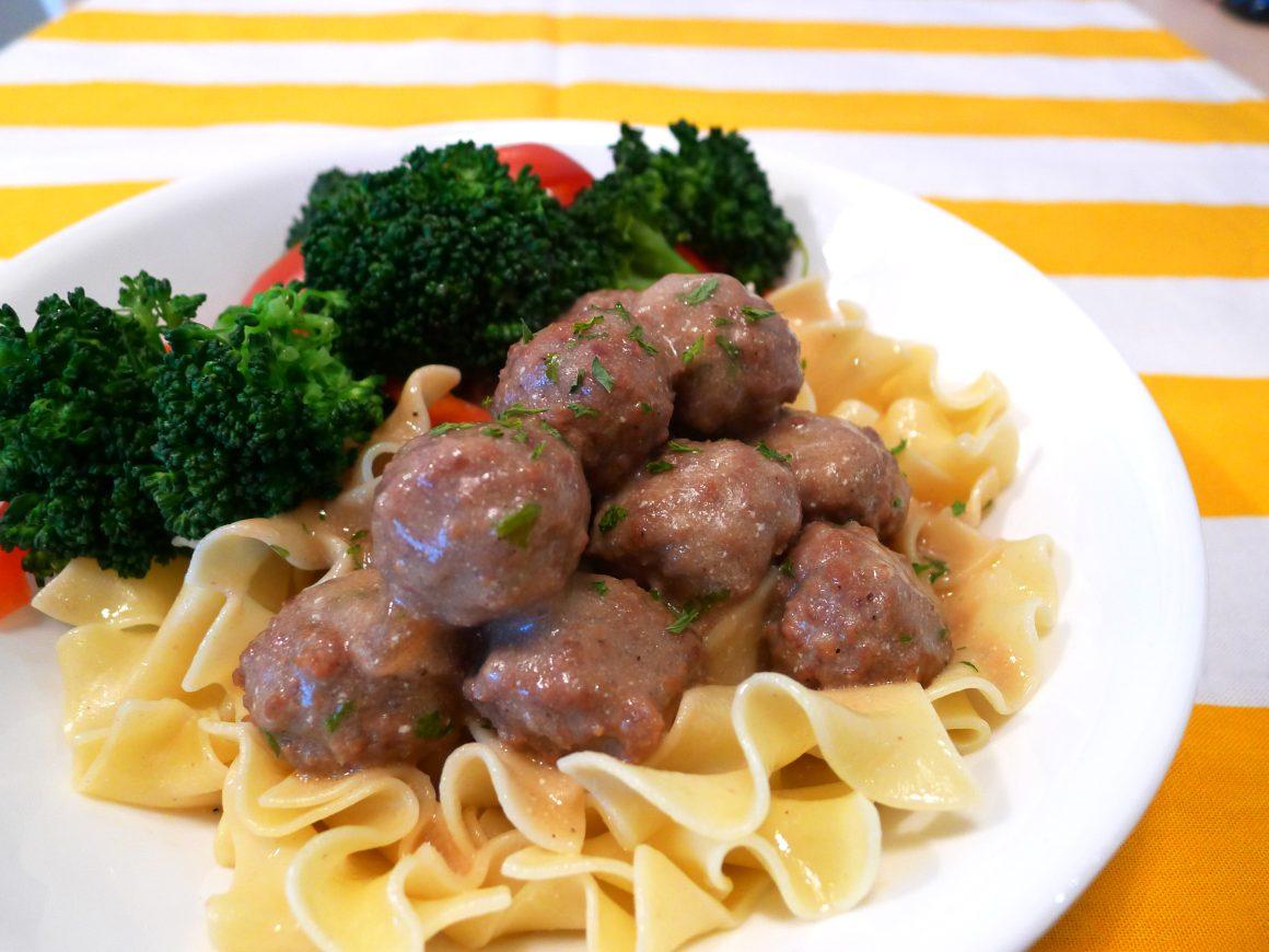 retired swedish meatball dish from RFRK served with pasta and broccoli