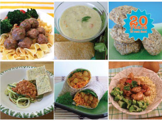 banner image featuring retired rfrk recipes like swedish meatballs, new england chowder, banana oat mookies, tofu bolognese and zucchini noodles, pumpkin roti, sweet and sour chicken