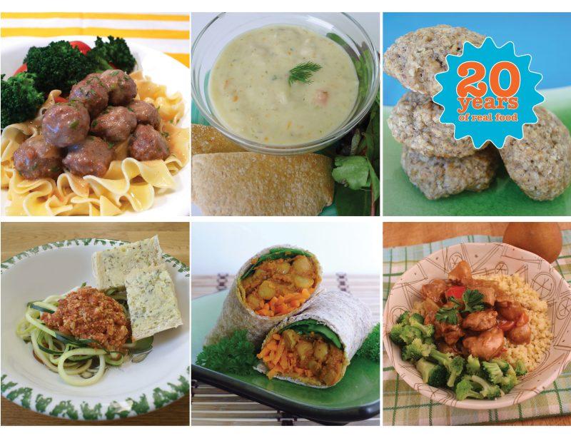 banner image featuring retired rfrk recipes like swedish meatballs, new england chowder, banana oat mookies, tofu bolognese and zucchini noodles, pumpkin roti, sweet and sour chicken