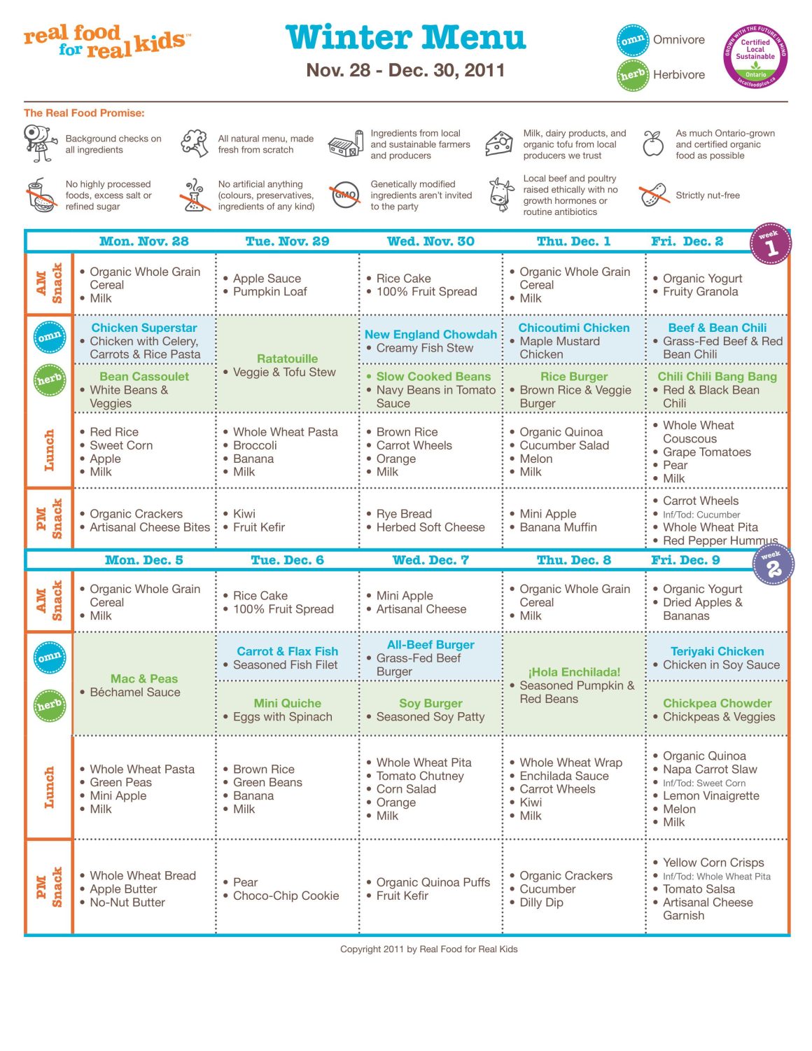 2011 RFRK snack and lunch menu with updated blue, green and orange colour scheme