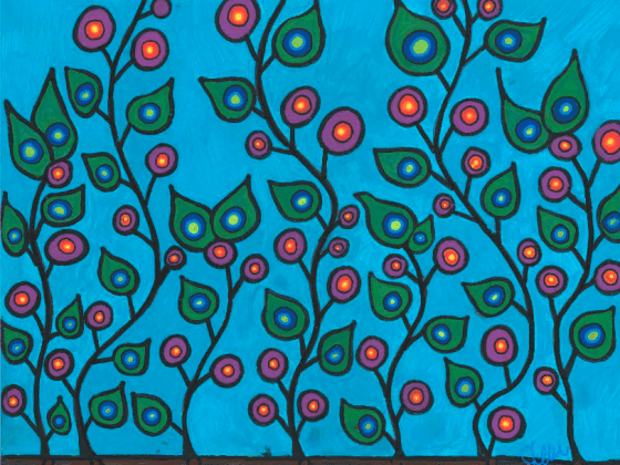 colourful artwork depicting leaves and berries inside the Indigenous book blueberry patch