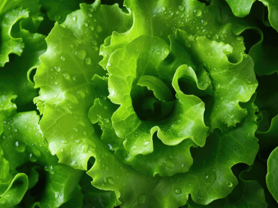 close up swirly leafy green lettuce head with water droplets