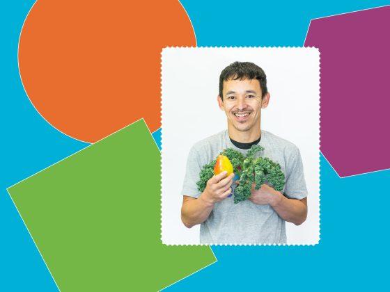 colourful background with various floating shapes featuring a frame with a man posing with kale and pear