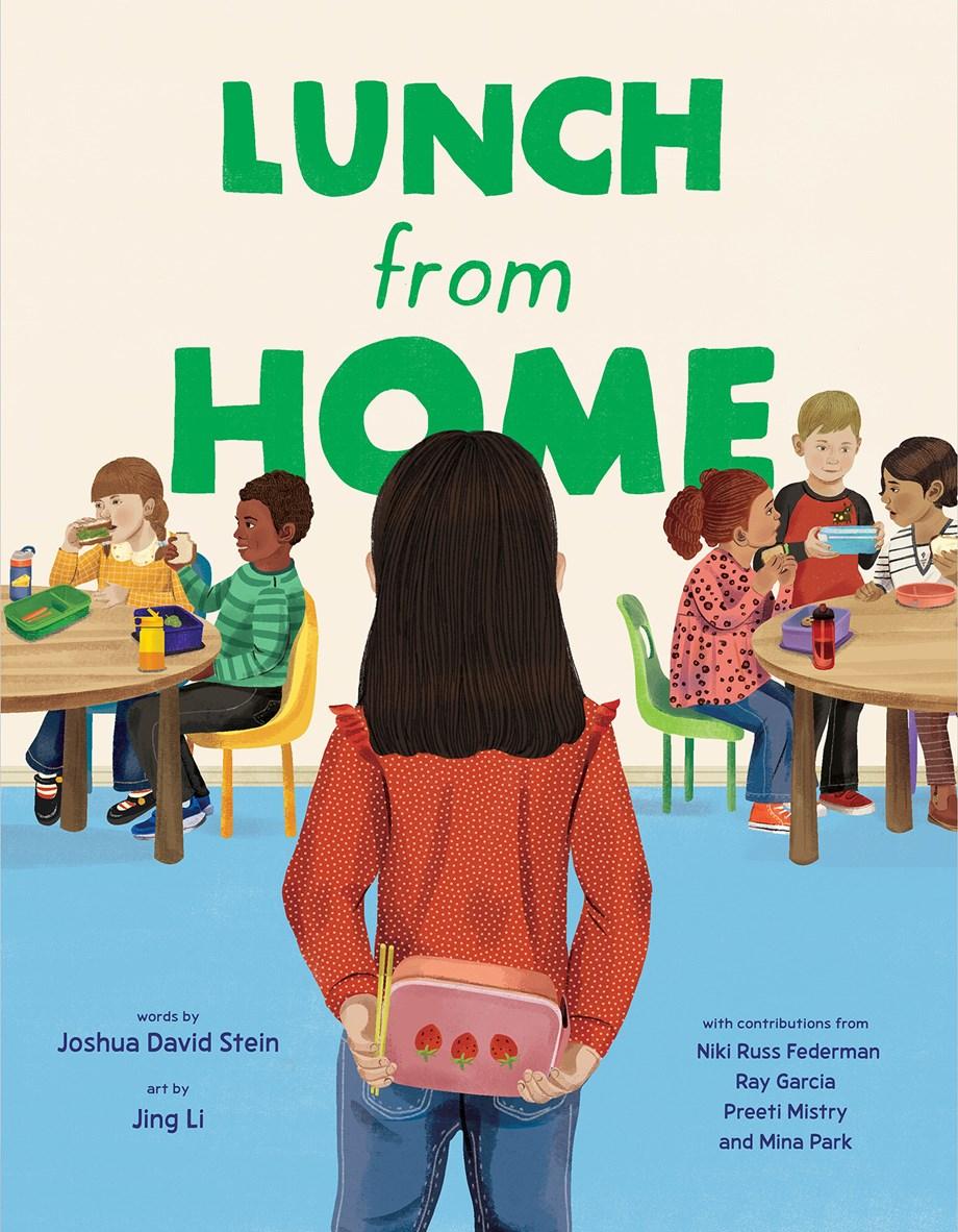 cover art of lunch from home featuring girl holding lunch box behind her back, about to enter lunchroom with other kids already eating