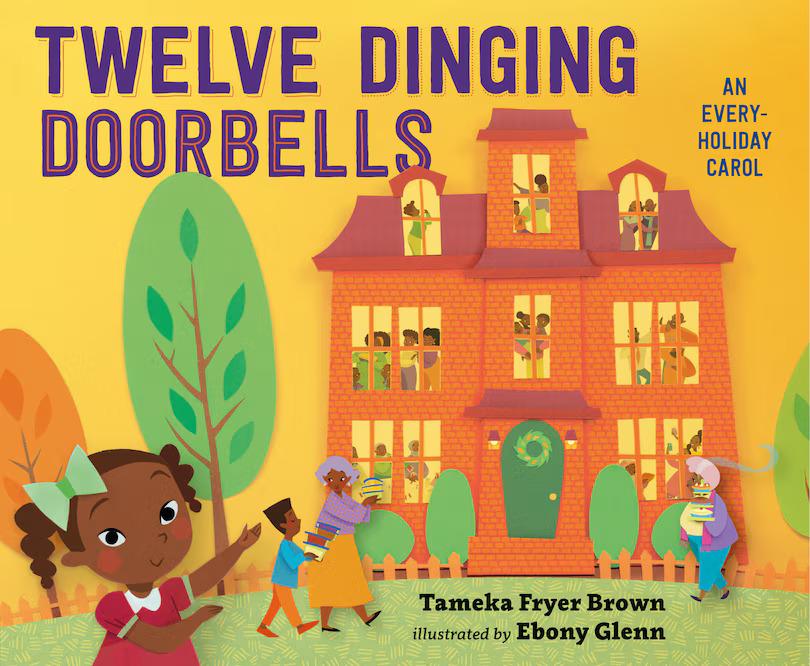 twelve dinging doorbells cover art large orange home with illustrations of people inside with a young girl in the front presenting her home. large green tree and yellow background.