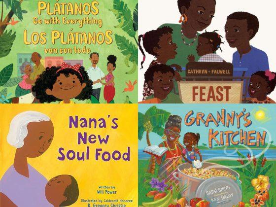 a collage of 4 books covers celebrating black history month, including Feast for 10, Granny's Kitchen, Nana's New Soul Food & Plantanos go with everything