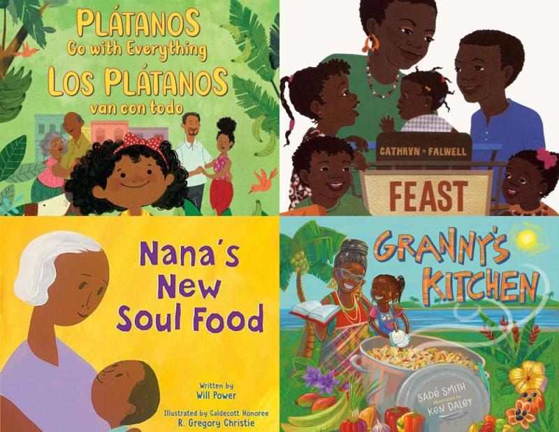 a collage of 4 books covers celebrating black history month, including Feast for 10, Granny's Kitchen, Nana's New Soul Food & Plantanos go with everything