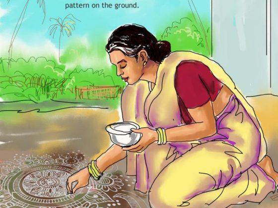 sinthu's thai pongal image of woman illustration using rice flour to draw a beautiful pattern on the ground