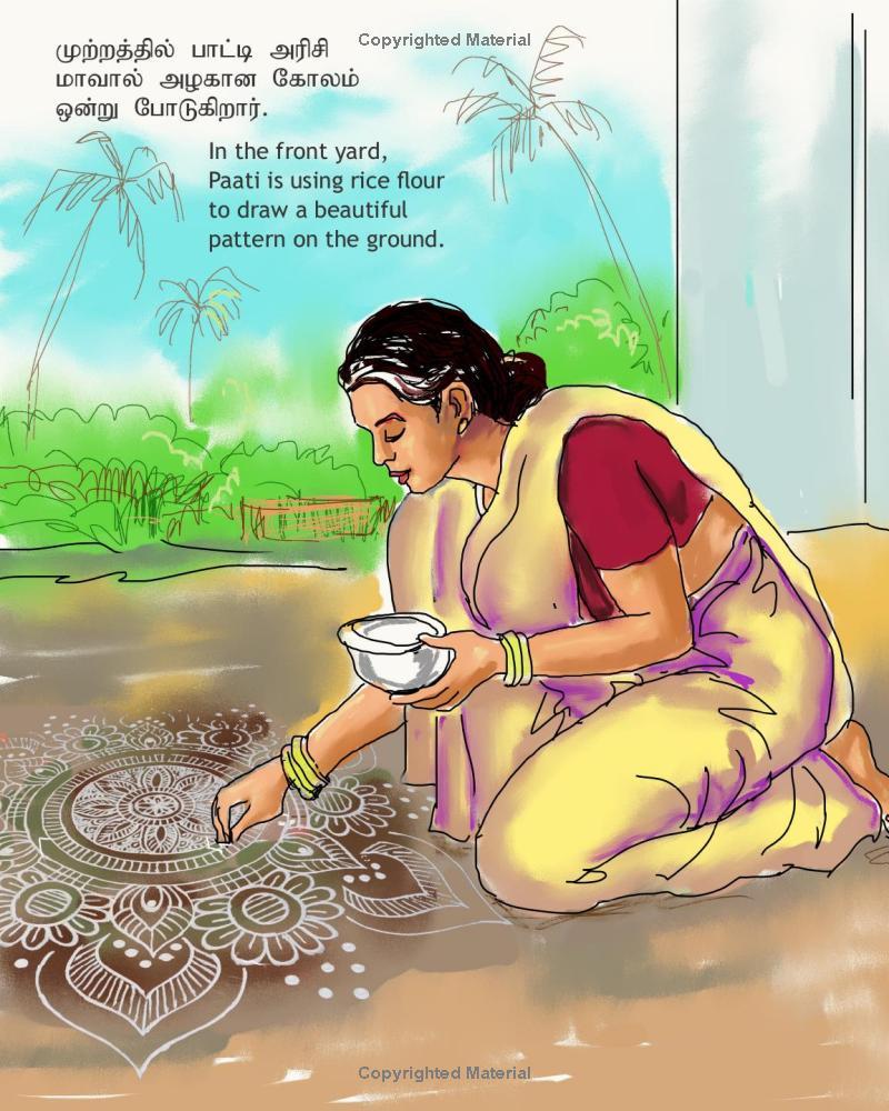 sinthu's thai pongal image of woman illustration using rice flour to draw a beautiful pattern on the ground