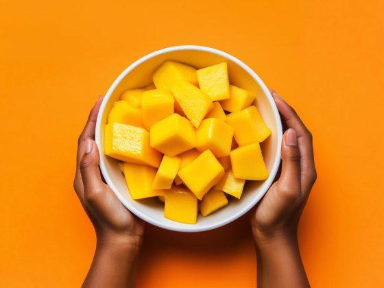 two hands holding a bowl of mango chunks in white bowl with orange background