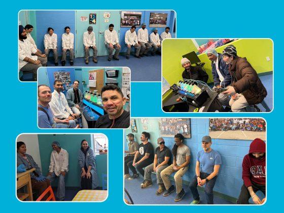 blue background with collage images of RFRK team enjoying wellness week with wall sit challenge, oxygen bar and more