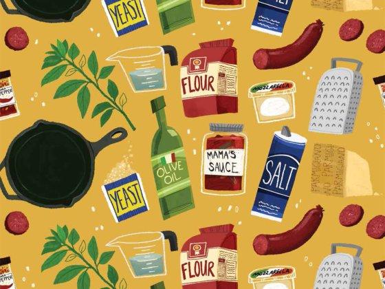 inside cover illustration art every night is pizza night featuring ingredients like like olive oil and flour, a pan, herbs, and more