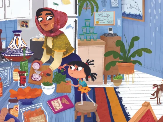 inside cover illustration art every night is pizza night featuring young girl learning to cook with her neighbour