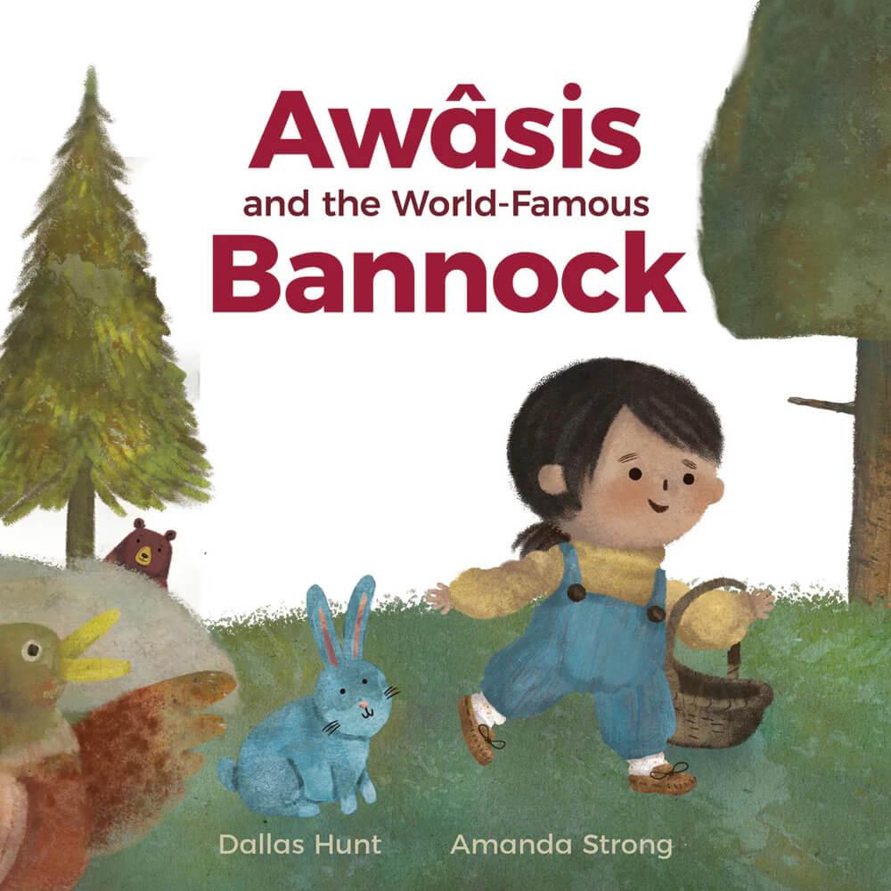 cover art awasis and the world famous bannock canadian book honouring indigenous staple food, depicting young girl in outdoor setting holding a basket