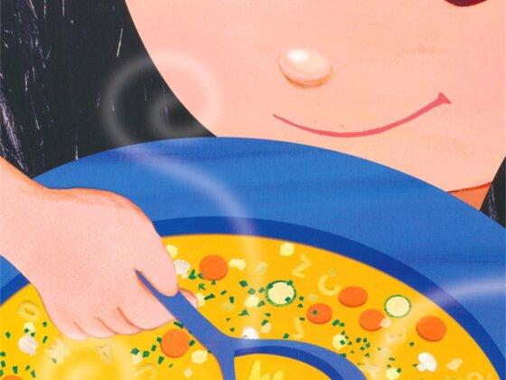soup bay book inside cover art banner illustration of little girl looking into a bowl of vegetable soup