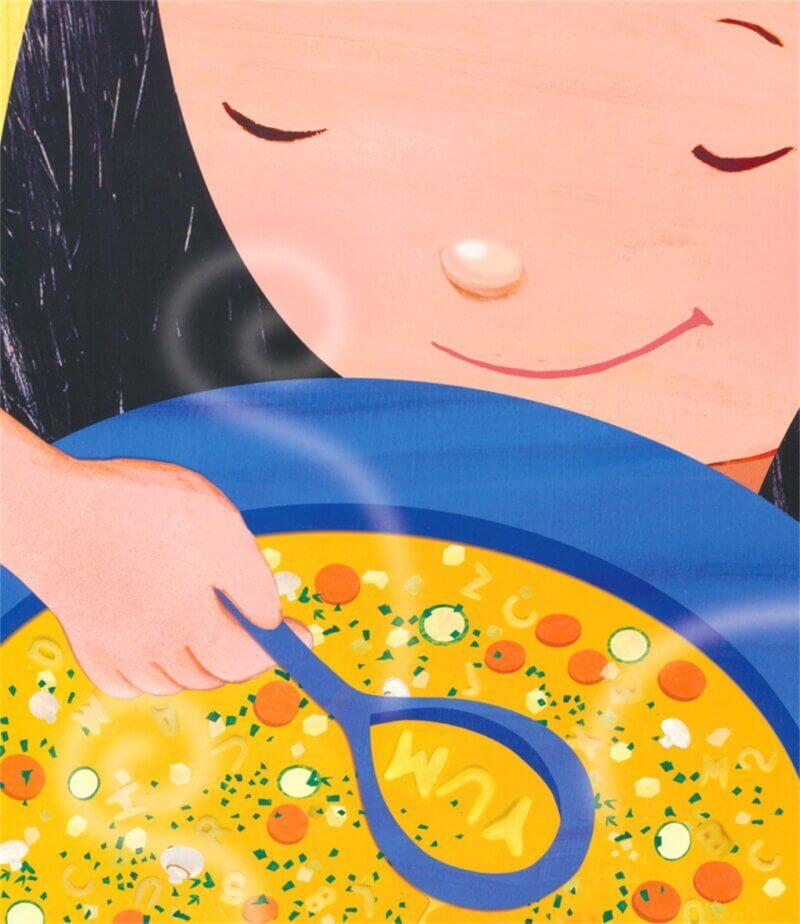 soup bay book inside cover art banner illustration of little girl looking into a bowl of vegetable soup