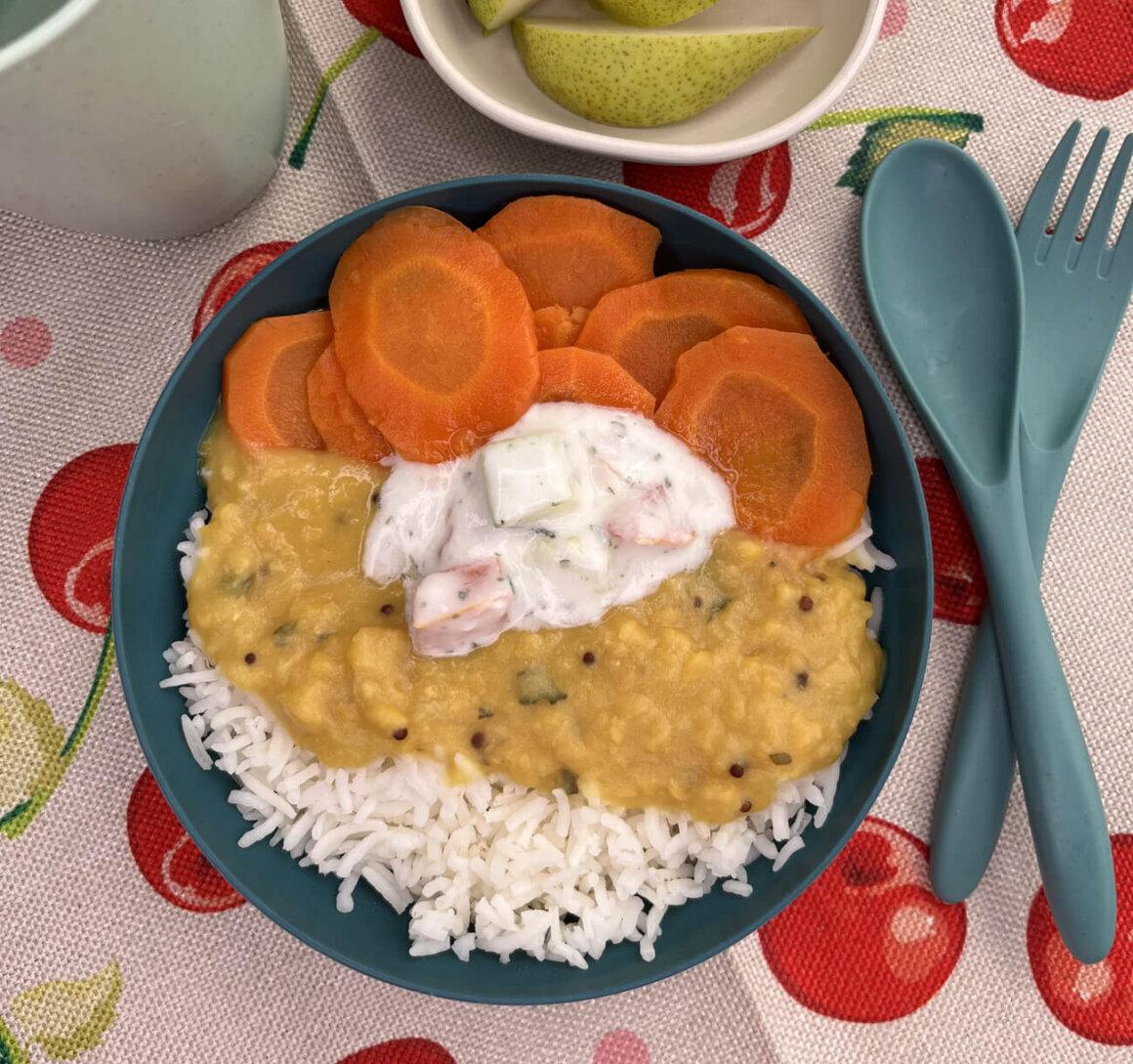 recipe release: sunshine dahl! 2 sunshine dahl with cucumber raita, carrots, brown rice