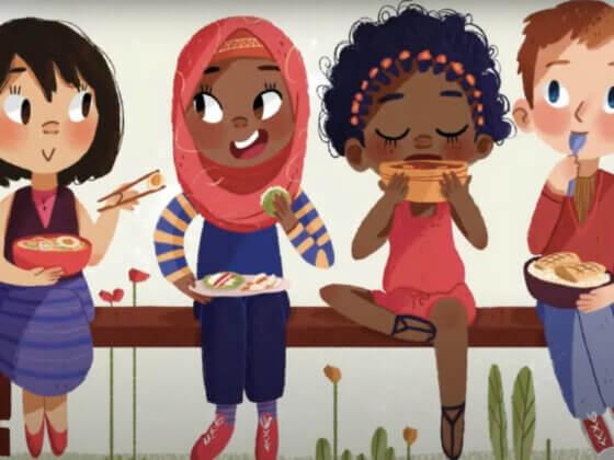 my food your food our food inside cover art of 4 kids from different backgrounds sitting next to each other eating