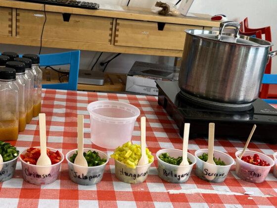 a wide array of hot peppers from all over the world in sample portions with spoons on top of checkered table cloth