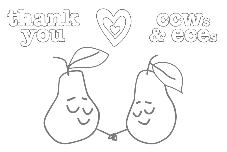 black & white outlines of thank you heart ccws & eces with a pair of pears shaking hands