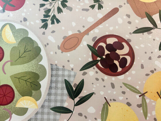 inside cover art for sundays are for feasts book featuring illustrations of wooden spoon, olives, lemons, greens