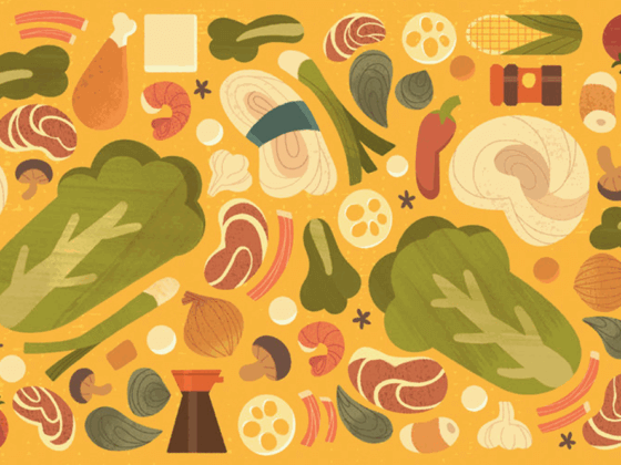 inside cover art for hot pot night depicting various hot pot ingredients like cabbage, meat, and more in front of orange-yellow background