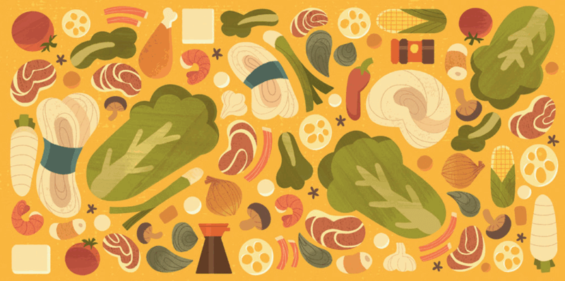 inside cover art for hot pot night depicting various hot pot ingredients like cabbage, meat, and more in front of orange-yellow background