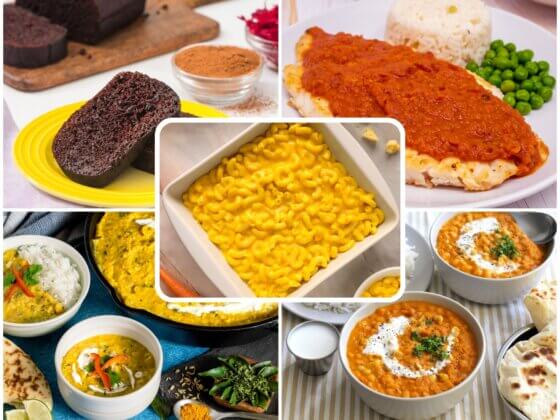 assortment of 5 rfrk recipes in a banner featuring mac'n cheese, cocoa beet loaf, masala fish, sunshine dahl, white bean curry