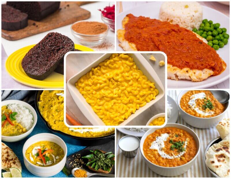 assortment of 5 rfrk recipes in a banner featuring mac'n cheese, cocoa beet loaf, masala fish, sunshine dahl, white bean curry