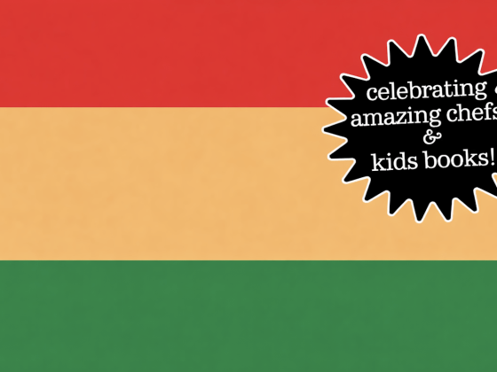 black history month 2026 coloured red, yellow and green stripes and sticker reading "celebrating amazing chefs & kids books"