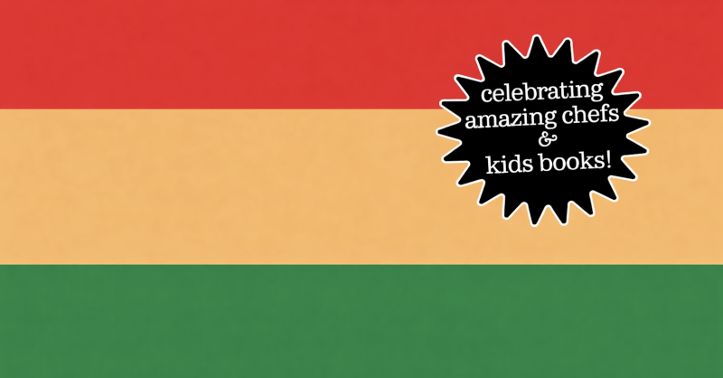 black history month 2026 coloured red, yellow and green stripes and sticker reading "celebrating amazing chefs & kids books"