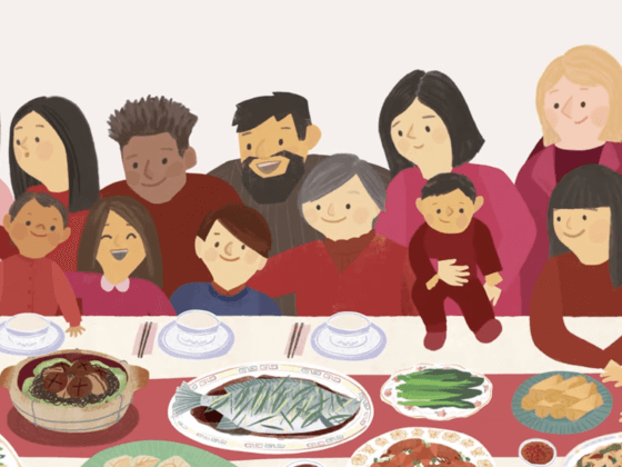 inside cover art for the tray of togetherness depicting illustration of large family gather around lunar new year feast