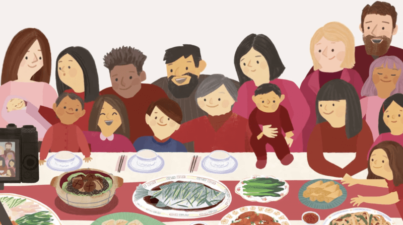 inside cover art for the tray of togetherness depicting illustration of large family gather around lunar new year feast