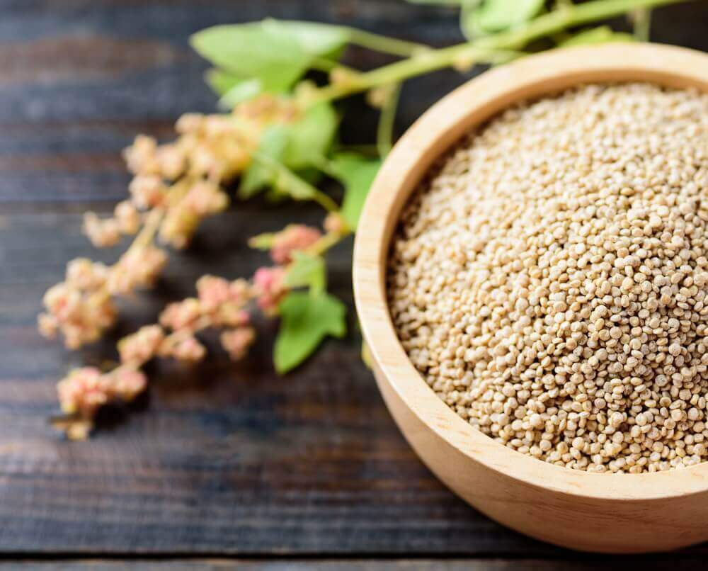 small wooden bowl of Quebec quinoa on top of dark wooden table with plant arrangement in background