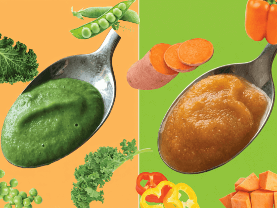 two new infant purees one sweet-pea and kale and one sweet potato bell pepper puree close ups with spoon
