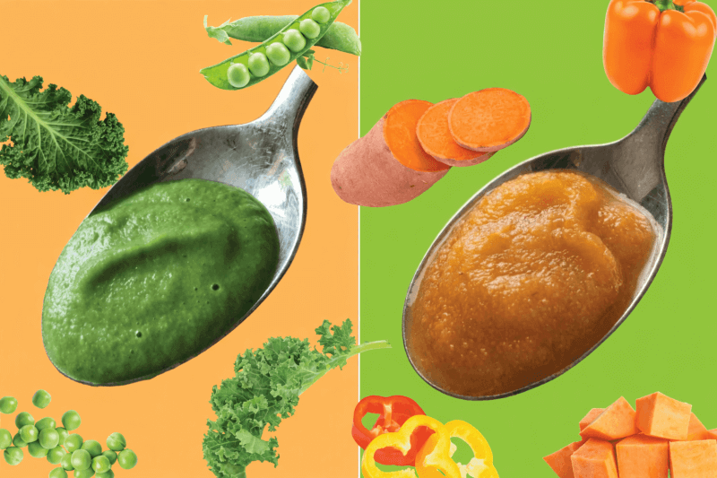 two new infant purees one sweet-pea and kale and one sweet potato bell pepper puree close ups with spoon